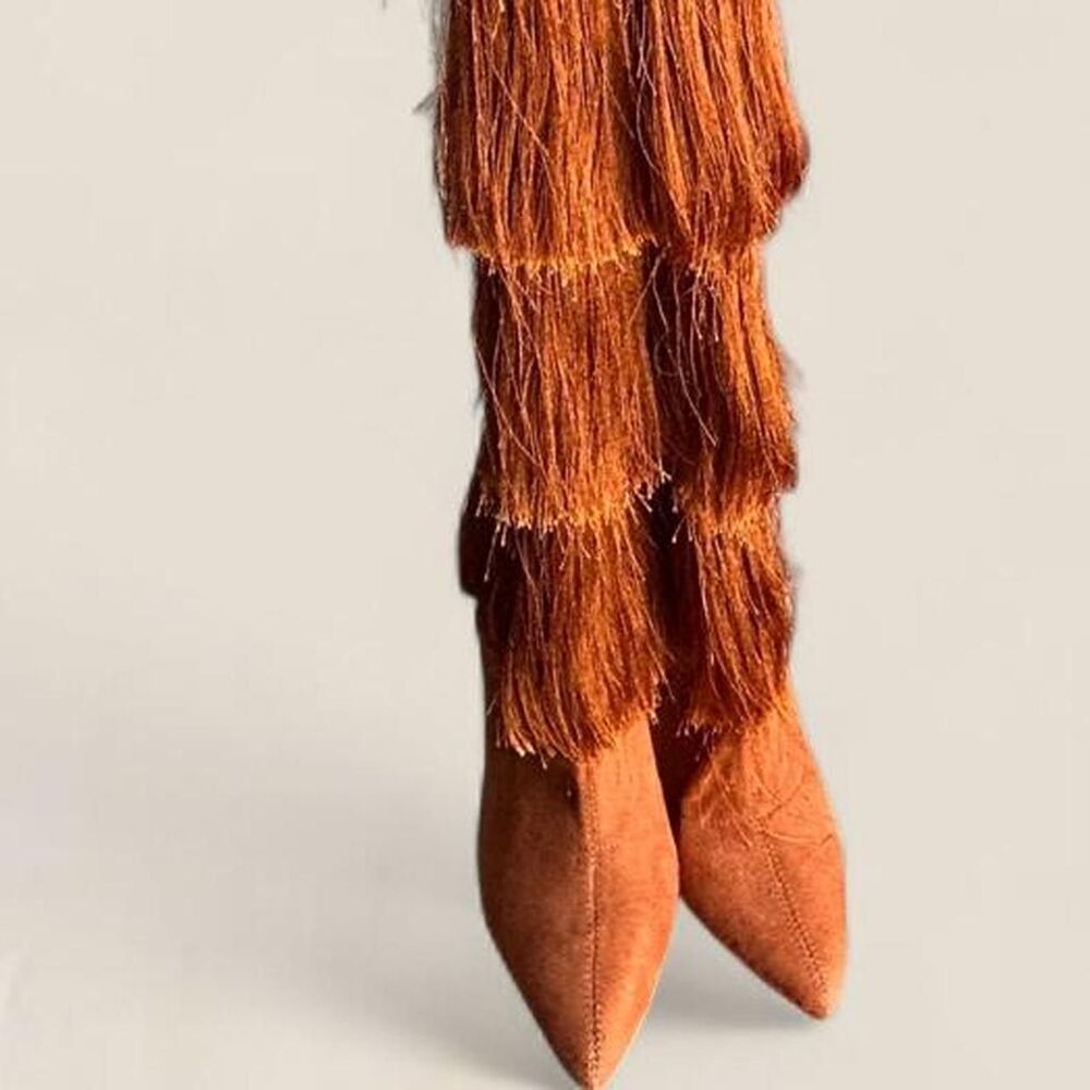 long fringe festival Women's Orange Brown knee high Boots size 7 - Picture 3 of 7